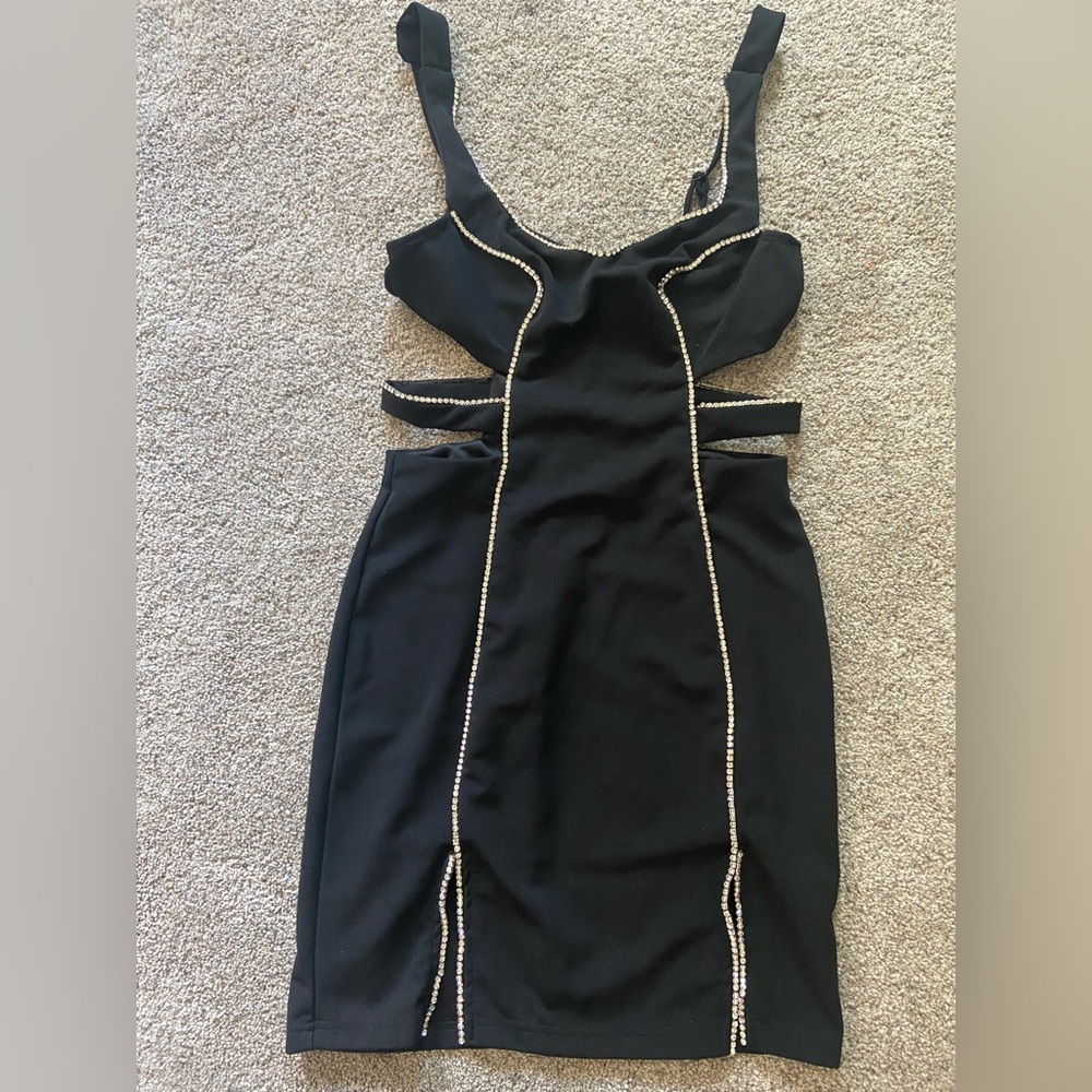 SHEIN Sexy Black Cutout Mini Dress with Diamond Detailing Size Medium